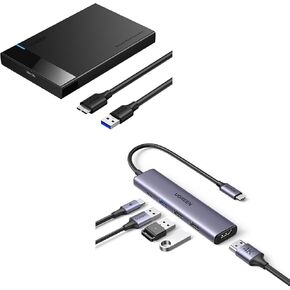UGREEN 2.5" Hard Drive Enclosure USB 3.0 to SATA III Adapter Bundle with UGREEN Revodok 105 USB C Hub 5 in 1 Multiport Adapter