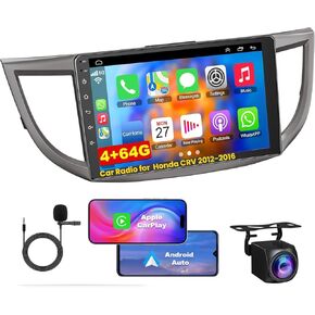 Android 4G+64G Car Radio for Honda CRV 2012 2013 2014 2015 2016, 9 Inch IPS Touch Screen CRV Stereo with Carplay&Android Auto, Support Bluetooth/Voice Control/GPS/Back-up Camera/SWC/FM
