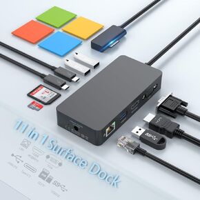 Microsoft Surface Dock Triple Displays HDMI+VGA, 11 in 1 Surface pro Docking Station for Surface Pro 10/9/8/X/7/6/5/4,Surface Laptop 6/5/4/3/2/Go,Surface Book (HDMI VGA Ethernet SD/TF Audio 5*USB)