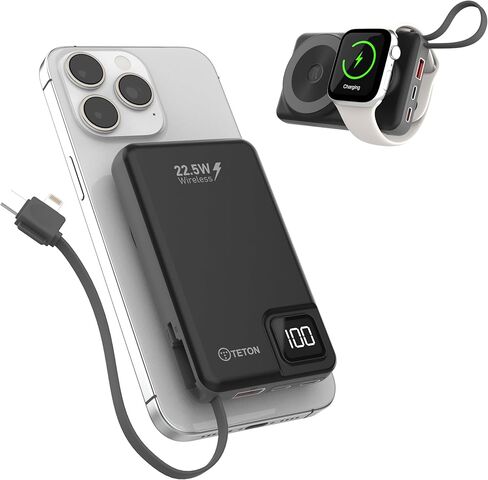 TETON ELECTRONICS 5-in-1 for Magsafe Battery Pack,10000mah Magnetic Power Bank,Wireless Portable Charger, with 22.5W USB-C Fast Charging and Built-in-Cables for iPhone 16/15/14/13/12 and Apple Watch in Saudi Arabia