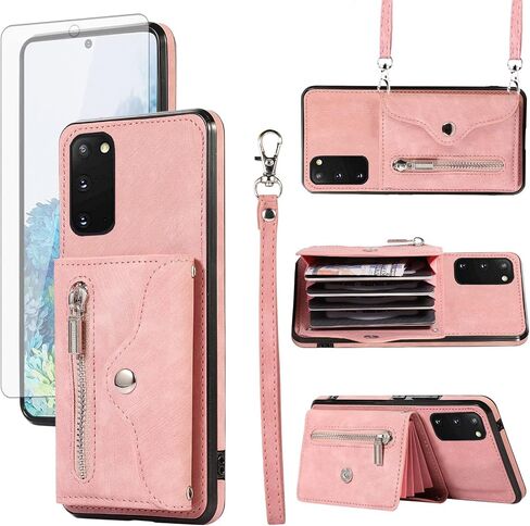 Phone Case for Samsung Galaxy S20 FE 5G/S20 Fan Edition Wallet Cover with Tempered Glass Screen Protector Wrist Crossbody Strap Card Holder Stand S 20 EF UW S20FE5G S20FE 20S S2O 4G G5 Women Rose Gold in Saudi Arabia