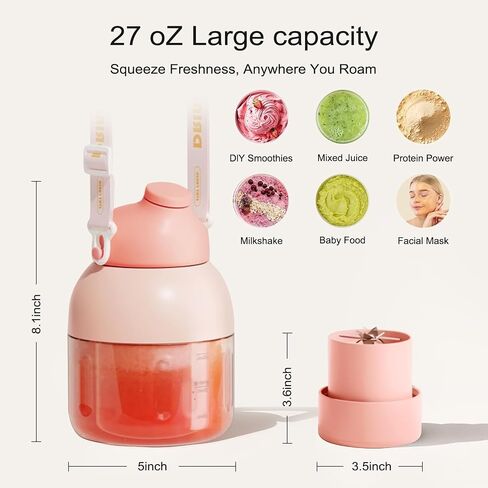 Portable Blender, Personal Blender for Shakes and Smoothies, 27oz Cup with 10 Blades, Shoulder Strap and Lid with Straw, Type-C USB Rechargeable, Dishwasher Safe Parts, BPA Free, Pink in Saudi Arabia