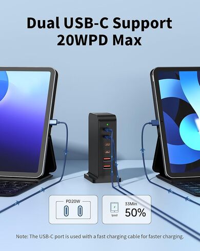 USB C Charging Station 55W,6-Port USB Charger for Multiple Devices,USB C Fast Charging Hub Compatible with iPhone/Android/Samsung/Tablet,etc (Black, 55W) in Saudi Arabia