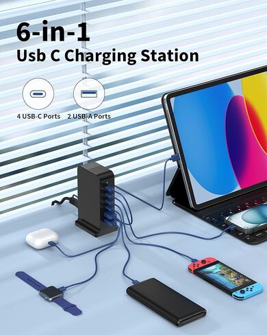 USB C Charging Station 55W,6-Port USB Charger for Multiple Devices,USB C Fast Charging Hub Compatible with iPhone/Android/Samsung/Tablet,etc (Black, 55W) in Saudi Arabia
