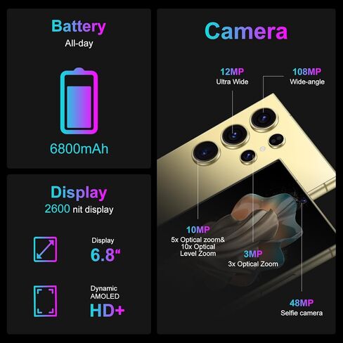 C24 Ultra,5G Unlocked Cell Phone,8+512GB Memory Android Phone, 120Hz, 108MP Zoom Camera, Android 14 Smartphone, Built-in G Pen, 6.8“ HD Screen,6800mAh Battery Life, Dual SIM/Face ID/GPS(yellow) in Saudi Arabia
