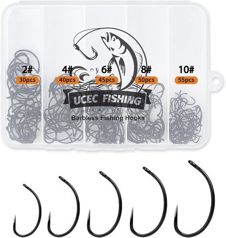 UCEC 190/220/260PCS Barbless Fishing Hooks, Carp Hooks Circle Curve Shank Fly Tying Fishing Hook Tackle Kit for Freshwater Saltwater Hair Rig Trout Size: 2# 4# 6# 8# 10# in Saudi Arabia