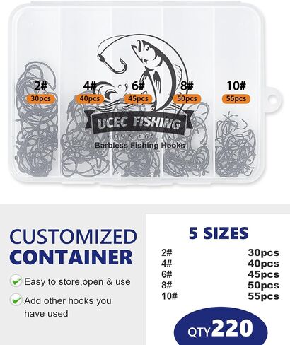 UCEC 190/220/260PCS Barbless Fishing Hooks, Carp Hooks Circle Curve Shank Fly Tying Fishing Hook Tackle Kit for Freshwater Saltwater Hair Rig Trout Size: 2# 4# 6# 8# 10# in Saudi Arabia