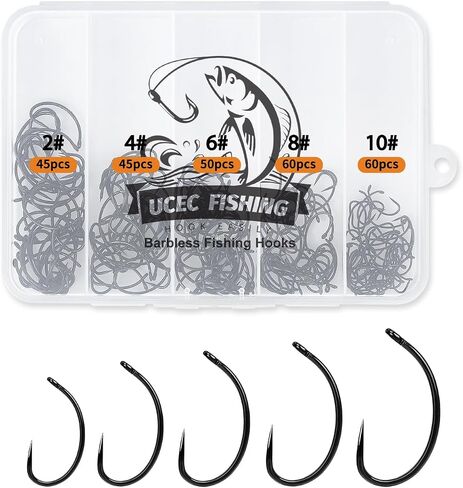 UCEC 190/220/260PCS Barbless Fishing Hooks, Carp Hooks Circle Curve Shank Fly Tying Fishing Hook Tackle Kit for Freshwater Saltwater Hair Rig Trout Size: 2# 4# 6# 8# 10# in Saudi Arabia