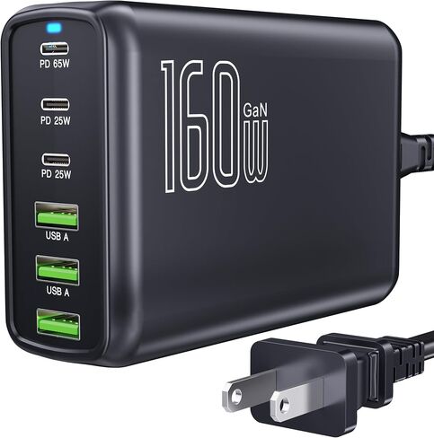 160W USB C Charger, 6 Ports GaN III Fast Desktop Charger with 3 USB-C +3 USB-A, 65W Laptop Power Adapter for MacBook Pro/Air, iPad, iPhone 15/15 Pro Max/15 Plus, Galaxy 24/23 in Saudi Arabia