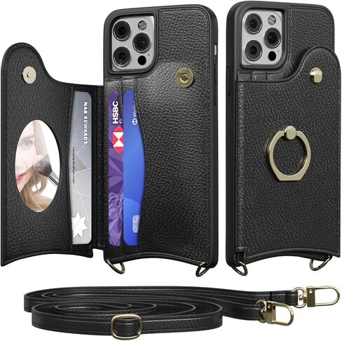 Crossbody Wallet Case for iPhone 15 مع Mirror ، Up Leather Case with Card Slots Invisible Stand ، Women Women قابل للفصل الحبل 6.1 بوصة فيل in Kuwait