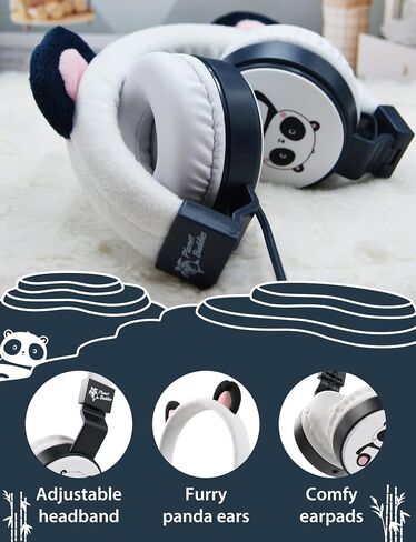Planet Buddies Kids Earphones for School Travel, Safe Volume Limited, HD Mic Stereo Sound On-Ear Girls Boys Headphones for Kid, Foldable 3.5mm Wired Kids Headphones for iPad Computer - Furry Panda in Kuwait