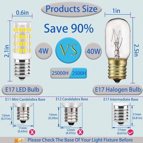 E17 LED LED Dimmable ، e17 القاعدة الوسيطة ، T7 4W 40W مكافئ المتوهج ، ضوء النهار 6000K ، مناسب لأجهزة الموقد ، غطاء المدى ، الثلاجة ، الميكروويف فوق استبدال لمبة الموقد (2 pack) in Kuwait