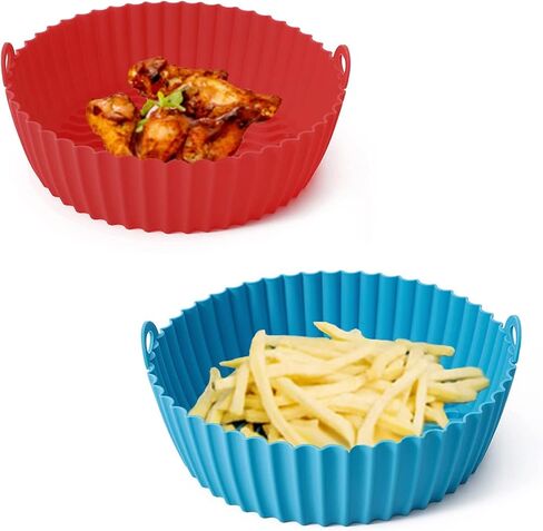 2 Pack Air Fryer Silicone Pot Food Grade Air Fryer Liners Basket Round, Reusable Baking Tray Cooking Oven Accessories, Replacement of Flammable Parchment Liner Paper (blue+red, Top-8inch（3.2-6.5QT）) in Saudi Arabia