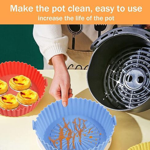 2 Pack Air Fryer Silicone Pot Food Grade Air Fryer Liners Basket Round, Reusable Baking Tray Cooking Oven Accessories, Replacement of Flammable Parchment Liner Paper (blue+red, Top-8inch（3.2-6.5QT）) in Saudi Arabia