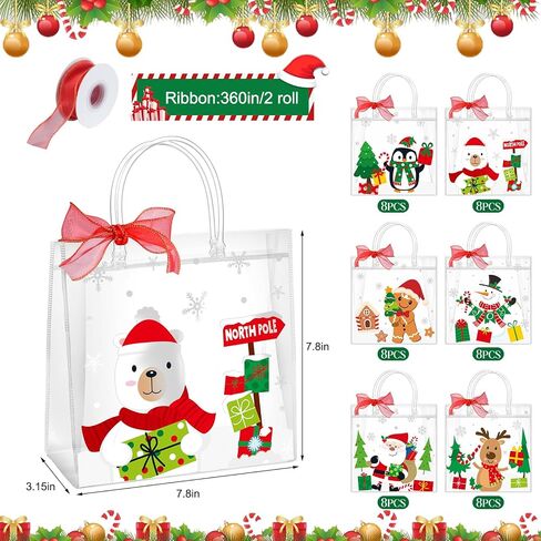 YIDAKO 24Pcs Christmas Clear Gift Bags Plastic Totes Bags With Handles Bow Ribbon For Candy Treat Goodie And Party Favors Elk Snowman Santa Gift Bags For Christmas Decorations, 7.8 * 7.8 * 3.15 inch in Kuwait