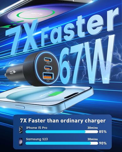 USB C Car Charger, 3-Port 67W Dual USBC & USB-A Car Phone Accessories Fast Power Adapter Cargador Carro PD/QC Cigarette Lighter for iPhone 16/15, iPad, Samsung Galaxy S25/S24, Pixel, Android, 2-Pack in Kuwait