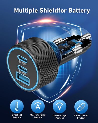 USB C Car Charger, 3-Port 67W Dual USBC & USB-A Car Phone Accessories Fast Power Adapter Cargador Carro PD/QC Cigarette Lighter for iPhone 16/15, iPad, Samsung Galaxy S25/S24, Pixel, Android, 2-Pack in Kuwait