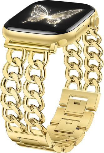 GEAK Gold Watch Band - Compatible with Apple Watch Bands for Women 40mm 38mm 41mm 42mm, Stylish Adjustable Metal Double Steel Chain Bracelet for iWatch Bands Series SE 10 9 8 7 6 5 4 3 2 1 in Saudi Arabia