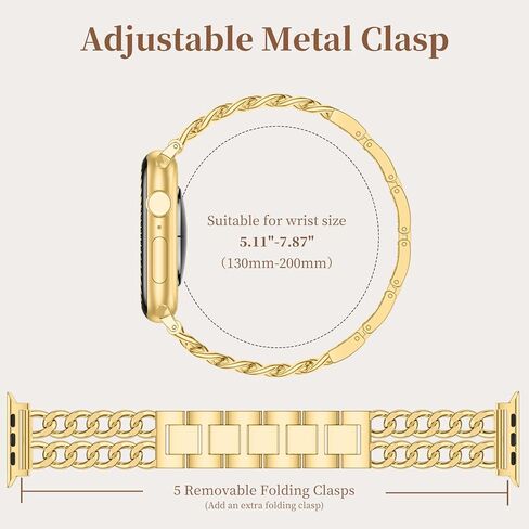GEAK Gold Watch Band - Compatible with Apple Watch Bands for Women 40mm 38mm 41mm 42mm, Stylish Adjustable Metal Double Steel Chain Bracelet for iWatch Bands Series SE 10 9 8 7 6 5 4 3 2 1 in Saudi Arabia