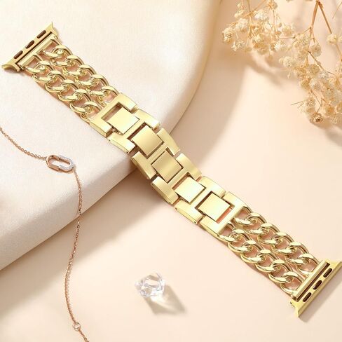 GEAK Gold Watch Band - Compatible with Apple Watch Bands for Women 40mm 38mm 41mm 42mm, Stylish Adjustable Metal Double Steel Chain Bracelet for iWatch Bands Series SE 10 9 8 7 6 5 4 3 2 1 in Saudi Arabia