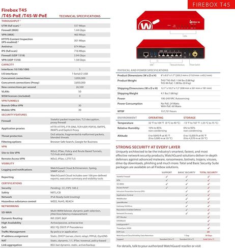 WatchGuard Firebox T45-W-PoE Network Security Appliance with 1 Year Basic Security Suite License - Advanced Firewall, VPN, Intrusion Prevention (WGT48031-US) in Saudi Arabia
