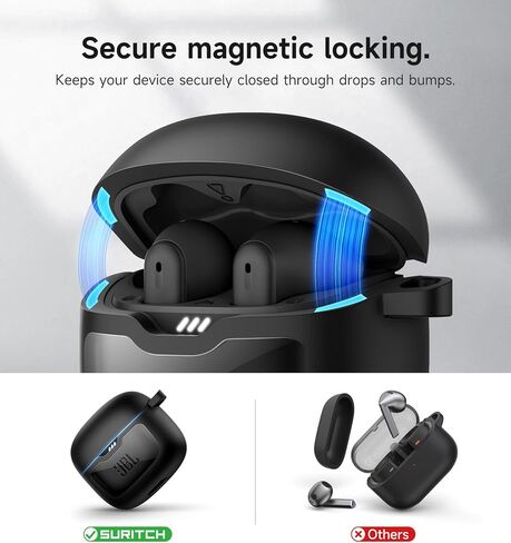 SURITCH Magnetic Bumper Case Compatible with JBL Tune Flex Earbuds, Rugged Shockproof Protective Covers for JBL Tune Flex with Magnetic Lid Lock & Carabiner & Cleaning Kit & Removal Tool, Black in Saudi Arabia