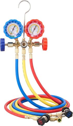 VEVOR 4 Way AC Gauge - AC Manifold Gauge Set for R134A R22 R12 R410A Refrigerant, Freon Gauges with 5ft Hoses, Couplers, Can Tap Works on Car Auto Freon Charging and Evacuation in Kuwait