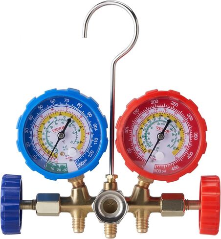 VEVOR 4 Way AC Gauge - AC Manifold Gauge Set for R134A R22 R12 R410A Refrigerant, Freon Gauges with 5ft Hoses, Couplers, Can Tap Works on Car Auto Freon Charging and Evacuation in Kuwait