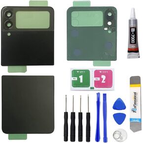 Replacement Repair Battery Back Glass Cover Back Housing Door Rear Panel for Samsung Galaxy Z Flip3 / Flip 3 5G SM-F711, with Tape and Tools (with Camera Lens) (Black)