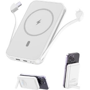 for Magnetic Power Bank, 6800mAh Wireless Portable Charger with PD30W Fast Charging, Battery Pack Built-in 2 Output Cables for iPhone 15/14/13/12 Series(Black)