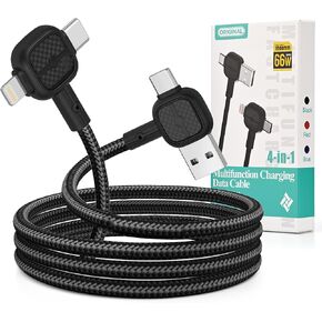 4 في 1 كبل شحن متعدد الوظائف متعدد الاستخدامات ، كبل Lightning USB-A USB Type-C ، 66W PD الشحن السريع ومزامنة بيانات 480 ميجا بريتنيات في iPhone iPad Samsung وجميع الأجهزة ، و 4 أقدام نايلون مضفر (أسود)