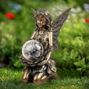 Flower Fairy Garden Decor,Garden Fairy Statues Outdoor,Solar Powered Outdoor Fairy Figurine Accessories,Patio Lawn Yard Porch, Resin Ornaments for Outside Gifts,9.45 Inches Tall