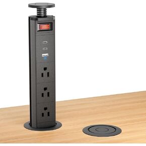Pop Up Outlet with 2 USB C and USB A Fast Charging Port, 3 AC Outlets - Power Strip with Switch Control - Countertop Outlet Flush Mount 2 inch Hole (Silver Black)