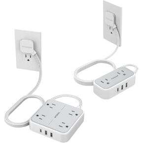 Flat Plug Power Strip Bundle, TESSAN 5 ft Ultra Thin Extension Cord with USB Wall Charger, Slim Desk Charging Station Compact for Travel, Cruise Ship, and Dorm Room Essentials