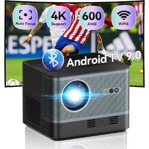 Smart Projector with Wifi 6 and Bluetooth 5.2, Auto Focus & 6D Keystone Projector 4K, Android TV 9.0, Full Sealed, 600ANSI Native 1080P Outdoor Movie Projector, Home Projector for iOS/Android