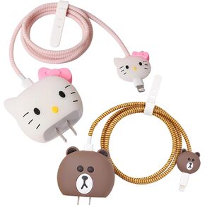 3D Pack of 2 Cartoon Charger Protector for iPhone 18W 20W iPhone 14 13 12 11 Pro Max Charging Cable Charger Head Cover Cable Accessory Data Cable Protective Sleeve (Kitty and Bear)