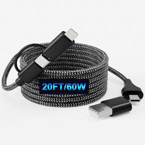 20FT Long iPhone Charger Cord, 4 in 1 60W USB-C and Lightning Extra Long Cable, MFi Certified Fast Charging Nylon Braided 20FT USB C Charger Cable Compatible with iPhone/iPad Pro/Galaxy/MacBook/Huawei