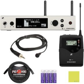 Liquid Audio Sennheiser EW 300 G4-ME2-RC-GW1 Wireless Lavalier Microphone System Bundle w/Pig Hog PHM10 8mm Mic Cable, 4-Pack Blucoil AA Batteries Polishing Cloth