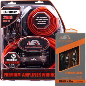 Elite Audio, EA-PRMK2 + EA-PRM15, Amplifier Wiring Kit and 2-Channel RCA Combo, 2000 Watts Max Power, 4GA Cables, Dual RCA Sets, ANL Fuse and Holder