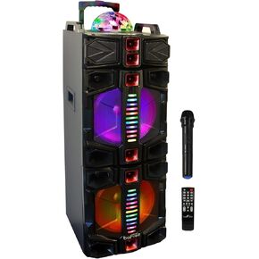 beFree Sound Dual 12 Inch Subwoofer Portable Bluetooth Party Speaker with LED Lights, USB/SD Input, Rechargeable Battery, Remote Control and Wireless Microphone, Black