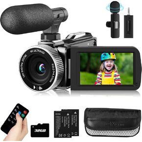 Video Camera Camcorder 4K 48MP 30FPS Vlogging Camera for YouTube with Wireless Lavalier Mic & External Mic Video Recorder Camera with 32GB SD Card,Ultra HD 3"Screen,Remote Control and 2 Battries