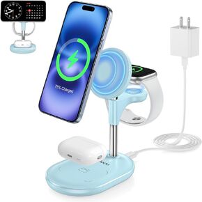 3 في 1 محطة شحن لاسلكية لشاحن Apple Magsafe ، 15 واط بسرعة شاحن Mag-Mage Safe المعتمد من Qi For For iPhone 16 15 14 13 12 Iwatch Airpods ، زاوية قابلة للتعديل ، جليدي أزرق