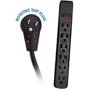 ACL 6 Feet Surge Protector, Flat Rotating Plug, 6 Outlet, Black Horizontal Outlets, Plastic, Power Cord, 1 Pack