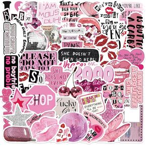 Pink Y2k Aesthetic Stickers 50 Pcs, Cute Downtown Girl Stickers for Water Bottle Laptop Computer Scrapbook, Cool Trendy Vinyl Waterproof Girly Sticker for Adults Teens