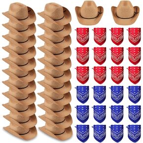24 Sets Straw Cowboy Hats with Colorful Bandanas Adult Western Hats with Hat Band Black Red Blue Bandanas Cowboy Costume Accessories Bulk Pack for Women Men Western Theme Country Style Party Favors()