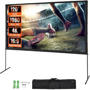 VEVOR Projector Screen with Stand, 120 inch 16:9 4K 1080 HD Outdoor Movie Screen with Stand, Wrinkle-Free Projection Screen with Bar Feet and Carry Bag, for Home Theater Cinema Backyard Movie Night