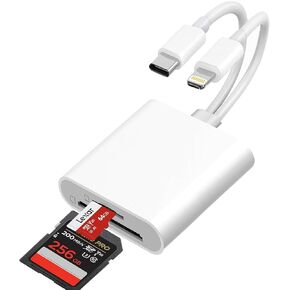 SD Card Reader for iPhone iPad Mac, USB C and Lightning Dual Connector Memory Card Reader, Digital Trail Camera Adapter to iPhone SD Card Viewer with SD/Micro SD/USB-A 3 Slot, No App Plug and Play