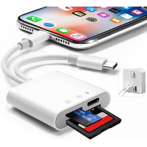 SD Card Reader for iPhone iPad, Digital Trail Camera SD Card Viewer with Dual Slot for MicroSD/SD Plug and Play, Simultaneous Charging and Reading