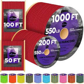 TECEUM Paracord Type III 550 Red – 200 ft – 4mm – Tactical Rope MIL-SPEC – Outdoor para Cord –Camping Hiking Fishing Gear and Equipment – EDC Parachute Cord – Strong Survival Rope 021b