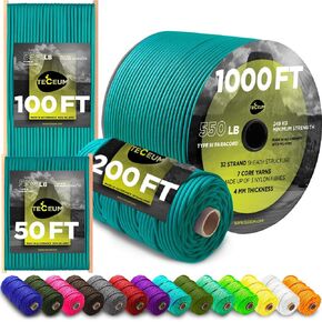 TECEUM Paracord Type III 550 Green Wave – 50 ft – 4mm – Tactical Rope MIL-SPEC – Outdoor para Cord –Camping Hiking Fishing Gear and Equipment – EDC Parachute Cord – Strong Survival Rope